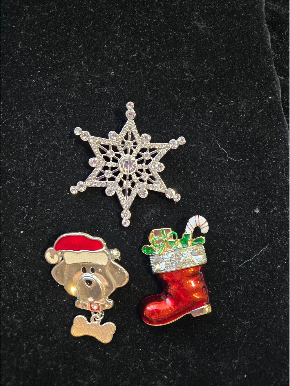 Brooch / Set of 3 Christmas Holiday / Snowflake, Santa Dog, and Stocking